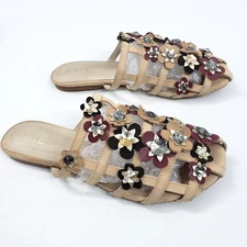 Raye Sz 9 Beige Multi Leather Embellished Floral Gems Strappy Slide Flats Sandal