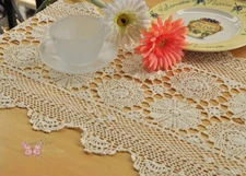 Hand Crochet Light Beige Cotton Table Runner Rural Feeling 61x14"