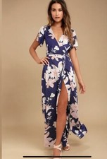 Lulus Navy Blue Pink Floral Short Sleeve Cut Out Back Wrap Maxi Dress Size Small
