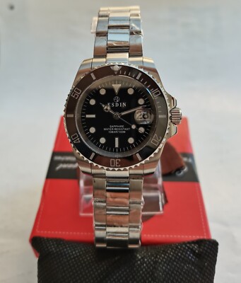 NEU IN OVP ESDIN All STEEL SAPPHIRE CERAMIC JAPAN QUARZ BLACK DIVE WATCH 100m LUME