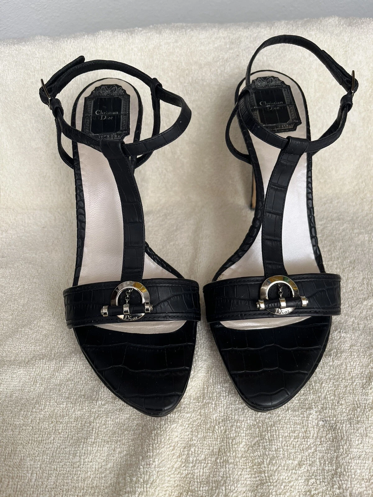CHRISTIAN DIOR Sandales à lanières en cuir noir estampillées jazz croco, taille 40, authentiques