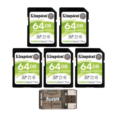 Kingston 64GB SDHC Canvas Select Plus Memory Card 5 Pack with Card Reader Bundle