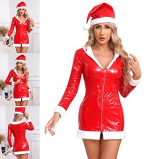 Womens Christmas Dress Wetlook Santa Claus Dress Shiny Party Dress V Neck