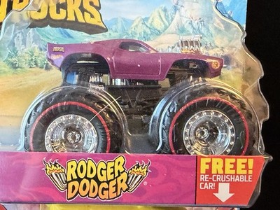 Hot Wheels Monster Trucks RODGER DODGER  Purple w crushed car Red Line Tires