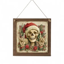 Santa Skull Christmas Wall Sign, Wood-Framed Aluminum Plaque Small or Large