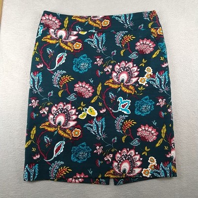 Ann Taylor Loft Skirt Womens 10 Green Floral Lined Back Slit Zip Straight Pencil