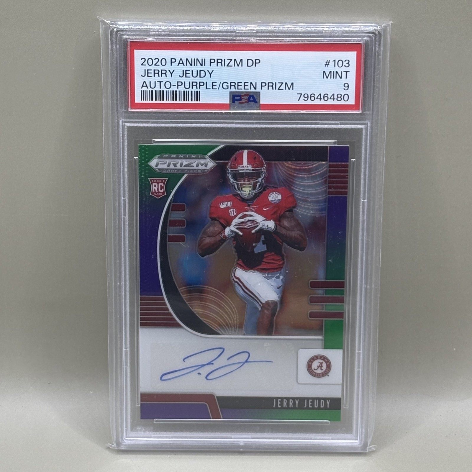 2020 Jerry Jeudy Rookie Prizm Draft Picks Alabama Purple/Green Auto /125 PSA 9