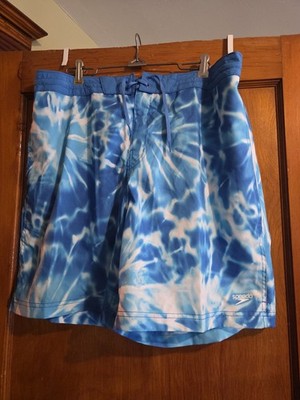 Speedo Swim Shorts Mens XL Blue Tie Dye Comfort Stretch UPF 50+ Lined Drawstring
