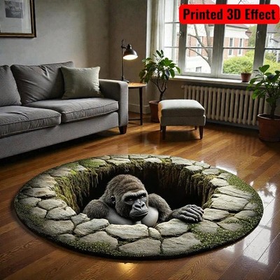 3D Bigfoot Illusion Round Rug, Funny Sasquatch Hole Floor Mat Home Decor Art