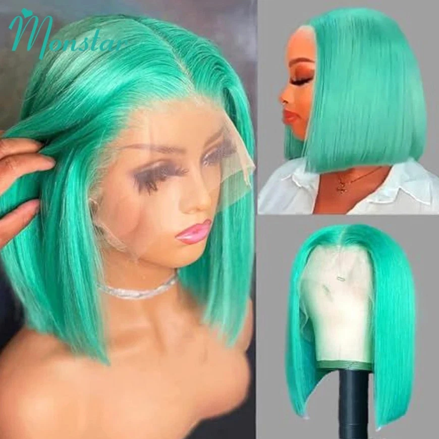Peluca Frontal Verde Corta Bob Encaje Hd 13x6 Cabello Humano Cabello Crudo Vietnamita Recto Foto 4 de 4