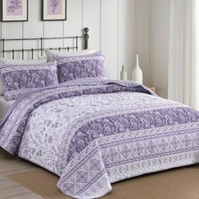 Quilt Set Queen Size,Boho Striped Quilt Bohemian Floral King 104" 90" Purple