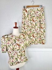 VTG 80s Adrianna Papell 100 Silk Skirt Suit Set Puff Sleeve Trad Wife Floral
