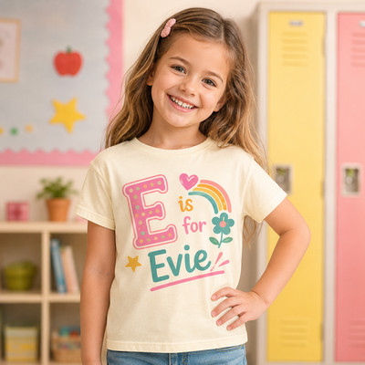 Personalisiertes T-Shirt Anfangsbuchstabe Regenbogen Blume Mädchen Schule Outfit