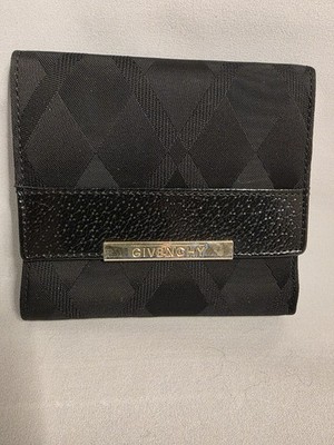 Givenchy Black Leather Trifold Wallet Gold Logo Plaque Compact Authentic