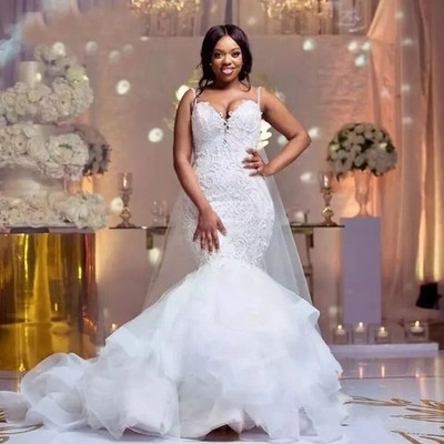 Elegant Mermaid Wedding Dresses Plus Size Court Train Tulle Applique Bride Gowns