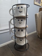 WAY TO CELEBRATE Halloween Iridescent STACKING GHOST MUGS w/ WIRE RACK Fall NEW