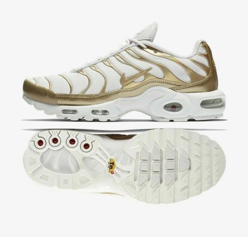 NIKE AIR MAX PLUS WHITE METALLIC GOLD 605112 054 MSRP 160 WOMENS