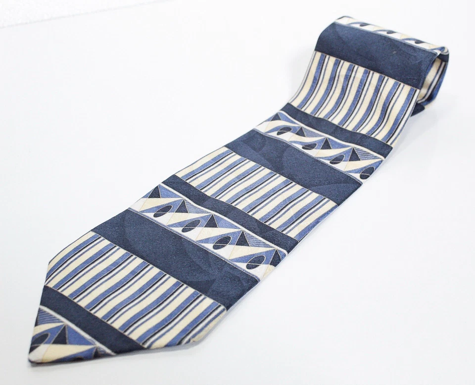 Винтажный синий и бежевый шелковый мужской галстук HENRY GRETHEL - Изображение 3 из 4
