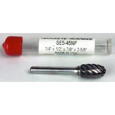 Carbide Burr (SE5-45NF) Egg Shape - Fast Spiral Cut - 1/4 x 1/2 x 7/8 x 2 3/4