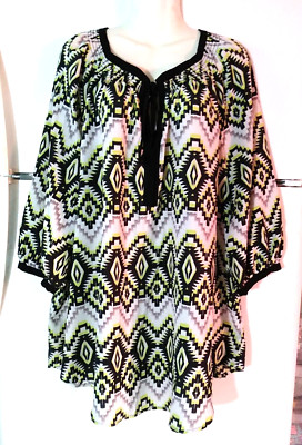 DANIEL RAINN WHITE SOUTHWESTERN PRINT TIE NECKLINE LIGHTWEIGHT TOP PLUS SIZE 3X