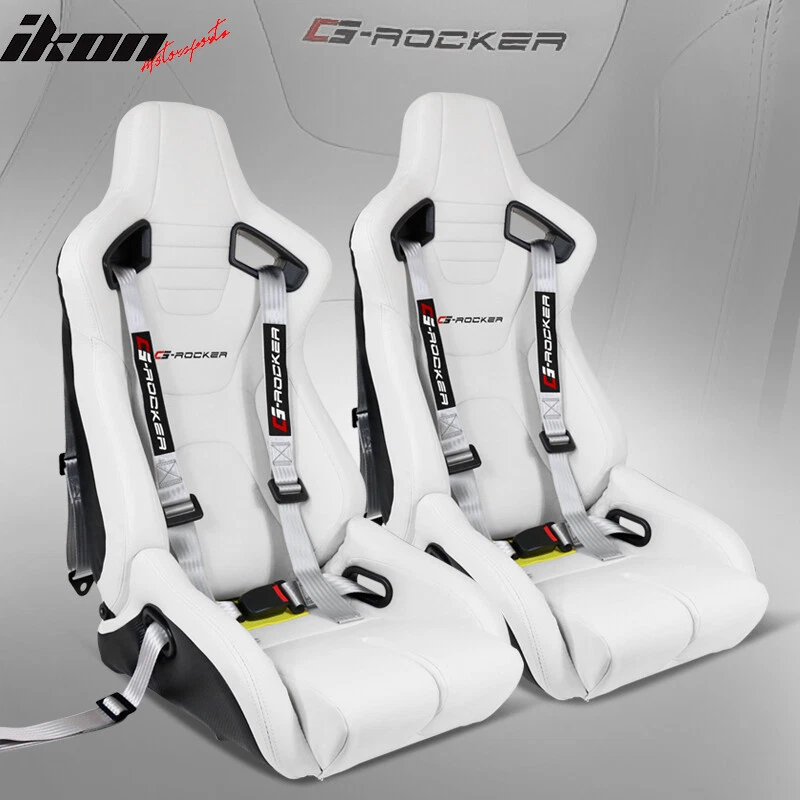 Universal Recline Bucket Racing Seat White PU & Dual Slider Buckle Style  Belt x2