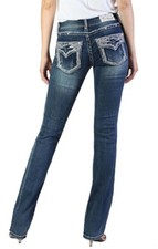 Grace in LA Women Bootcut Jeans Mid Rise Easy Fit Silver Stitch Faux Flap Blue