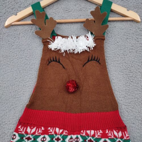 Born Famous Overalls Girl Medium 7-8 Red Reindeer Romper Ugly Christmas Holiday - Picture 2 of 11