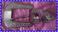 3 pc set Western Silver CRYSTAL Cowgirl Cowboy Rhinestone Belt Buckle End Keeper