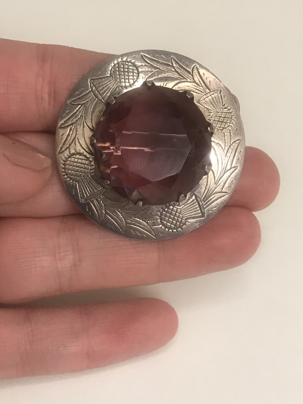 Photo 2 of Vintage Sterling Silver brooch with large purple Paste Stone scottish, BR48