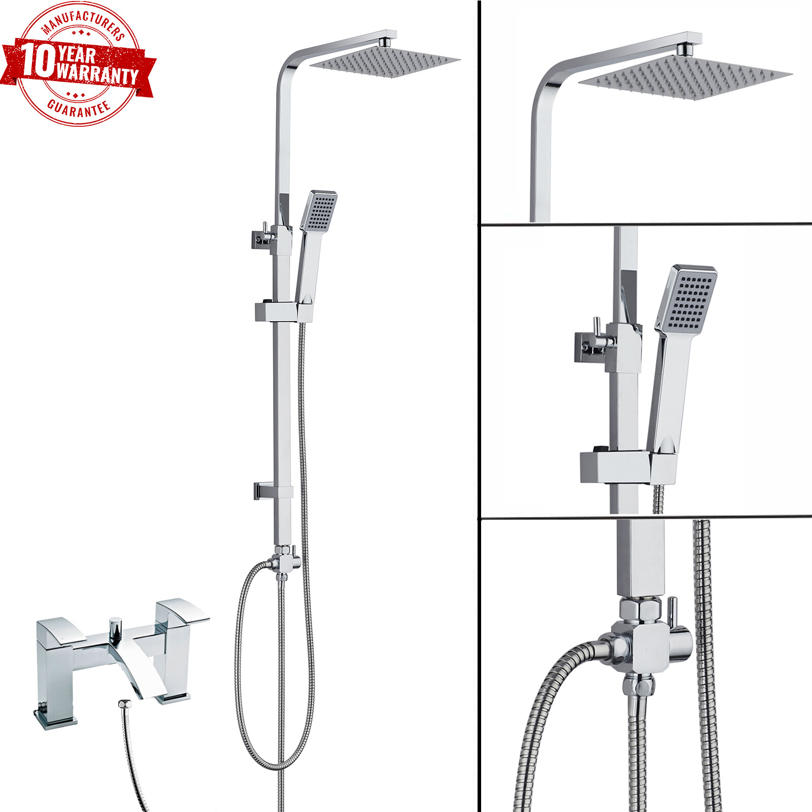 Modern Bath Shower Mixer Tap With 3 Way Square Rigid Riser Shower Rail