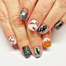 24Pcs Mix Halloween Glue On Nails Short Natural Fit Pumpkin Bat Witch Acrylic