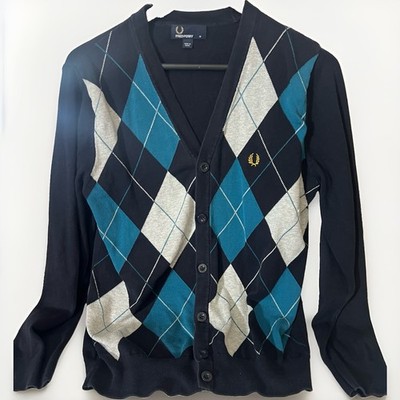 Fred Perry Men s Argyle Cardigan Sweater Jumper M Blue Cotton Knit     Q