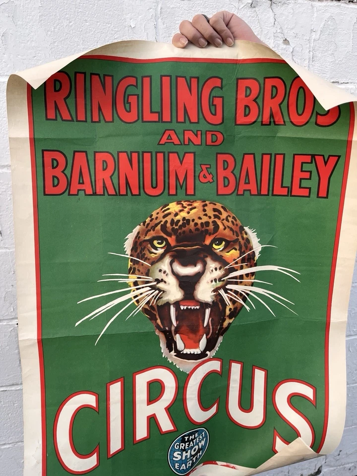 Antique 1950s RINGLING BROS BARNUM & BAILEY Circus POSTER Tiger Head Green Red - Image 2 of 4