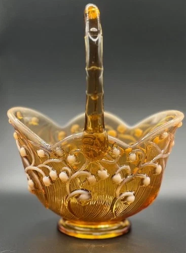 Vintage Glass Fenton Lily of the Valley Amber Cameo Opalescent Basket 8”
