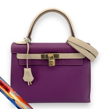 Hermes Kelly 28 Leather Bag Personal Engraved C Engraved Anemone Argil Gold Met