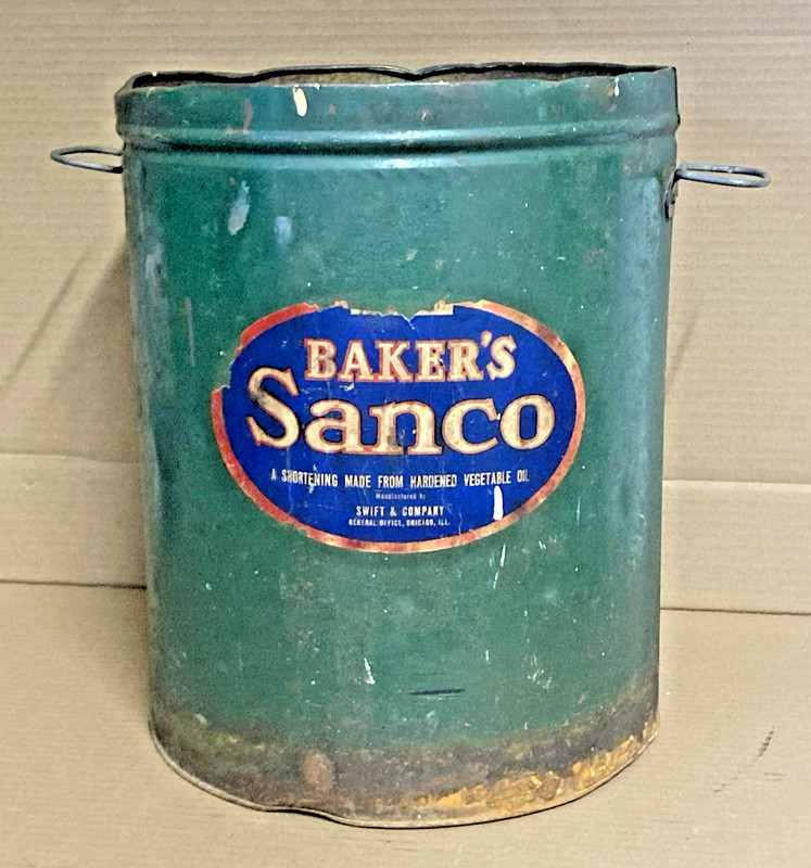 Vintage Baker's Sanco Shortening Large Metal Advertising Tin Repurp Chicago IL.