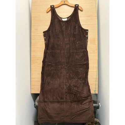 J. Jill Brown Corduroy Jumper Dress XL Sleeveless Midi Button Side Patch Pockets