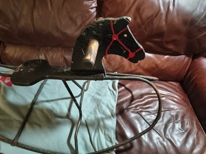 Vintage Metal and Wood Rocking Horse Toy Black with Red Trim