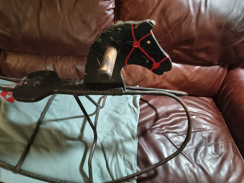 Vintage Metal and Wood Rocking Horse Toy Black with Red Trim