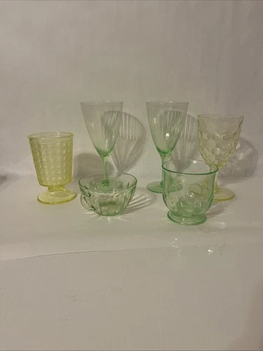 Six Piece Uranium Vaseline Green Depression Glass Cup Lot