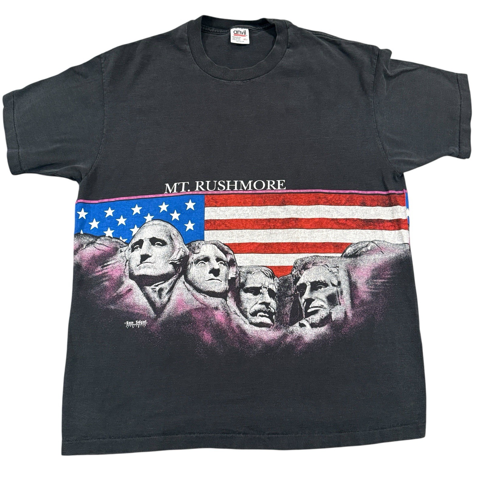 90s Mount Rushmore T-Shirt XL Black Faded Single Stitch Made USA Anvil Patriotic