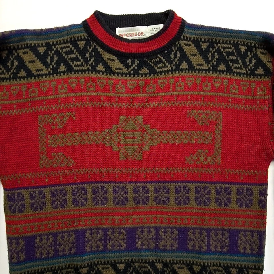 Suéter McGregor Vintage Grande Rojo Multicolor Patrón Geométrico Prendas de Punto Foto 2 de 4