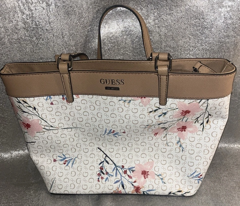 Bolso de Mano Guess Blanco Estampado Floral Forro Marrón Excelente Estado Foto 2 de 4