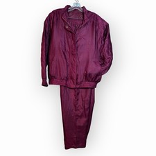 Vtg 100 Silk Track Suit Set Quilted Jacket Pants Large Elastic Lined Burgundy