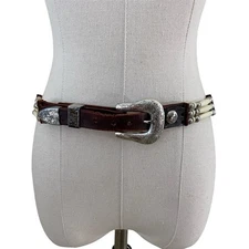 Vintage Nocona Brown Leather and Bone Beading Belt w Silver Hardware Size 30-32