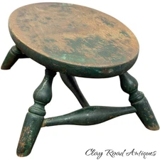 Antique windsor footstool old green paint primitive splayed legs turned style