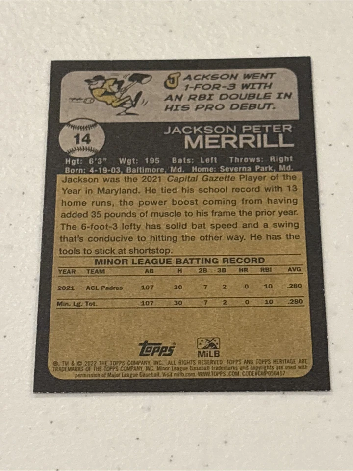 Jackson Merrill Autographed 2022 Topps Heritage Minors Rookie Card ACL Padres - Image 2 of 2