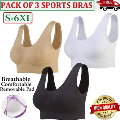 3 Pack Seamless Sports Bras Crop Vest Wirefree Comfort Stretch Removable Pad Bra