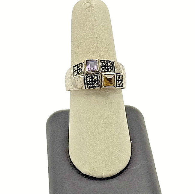 Vintage 925 Sterling Silver Marcasite Amethyst & Citrine Ring - Size 9