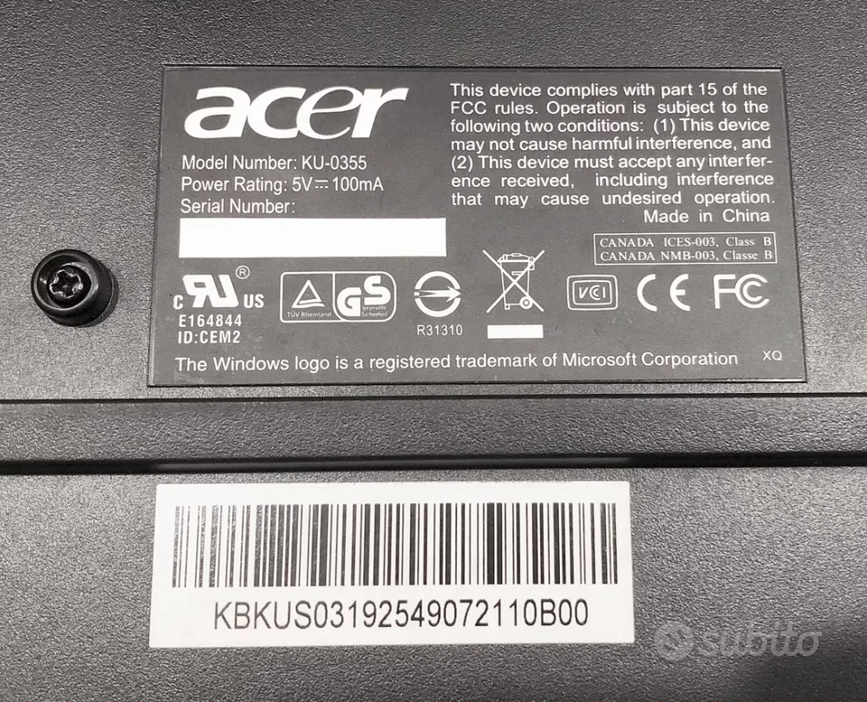 Tastiera Acer KU-0355 con cavo USB tasti multimediali poggia polsi QWERTY - Immagine 3 di 3